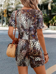 Leopard Print Drawstring Waist Romper Short Sleeve Jumpsuit
