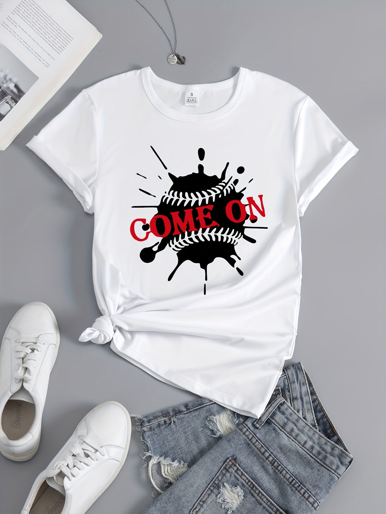 Baseball Graphic Short Sleeve Sports T-shirt for Women
