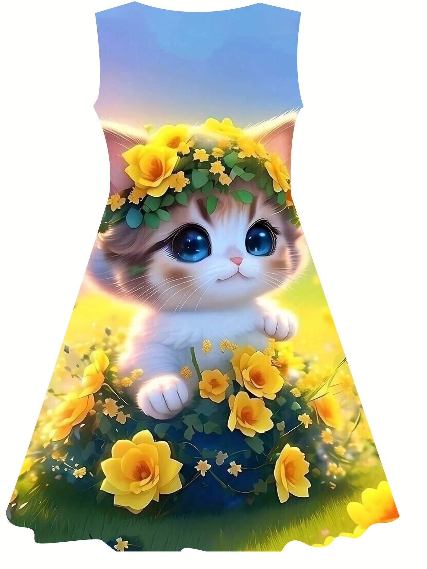 Sunflower Kitty Print Dress Girls Casual Sleeveless Dresses For Summer Party