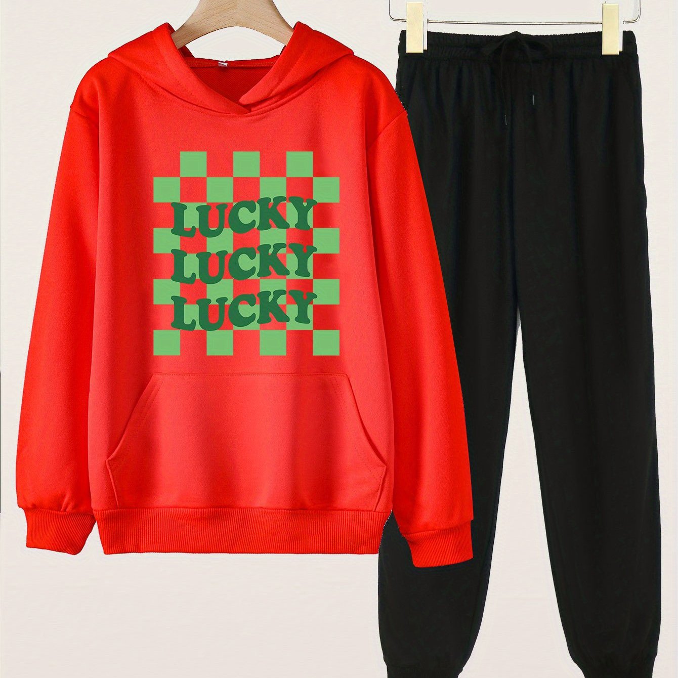 Checkered Pattern LUCKY Girls Long Sleeve Hoodies Jogger Pants Set