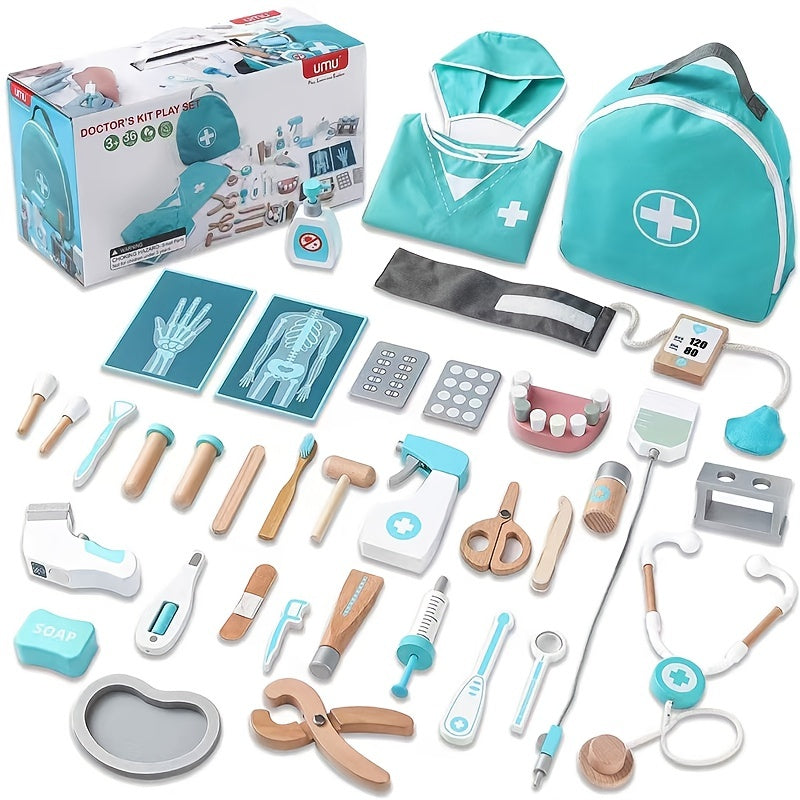 36 PCS Wooden Doctor Playset For Toddlers Pretend Toy Dentist Kit