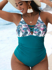 Boho Swimsuit Tropical Print Criss Cross Slim Fit Cami Swimsuit