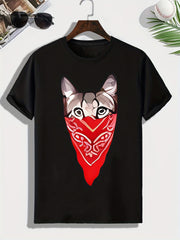 Men's Cat Print T-shirt Active Comfy Stretch Crew Neck Tee