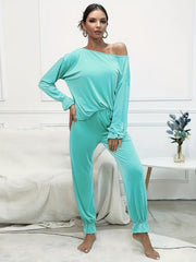 Solid One Shoulder Lantern Sleeve Top & Pants Set