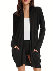 Solid Long Sleeve Open Front Cardigan With Pockets