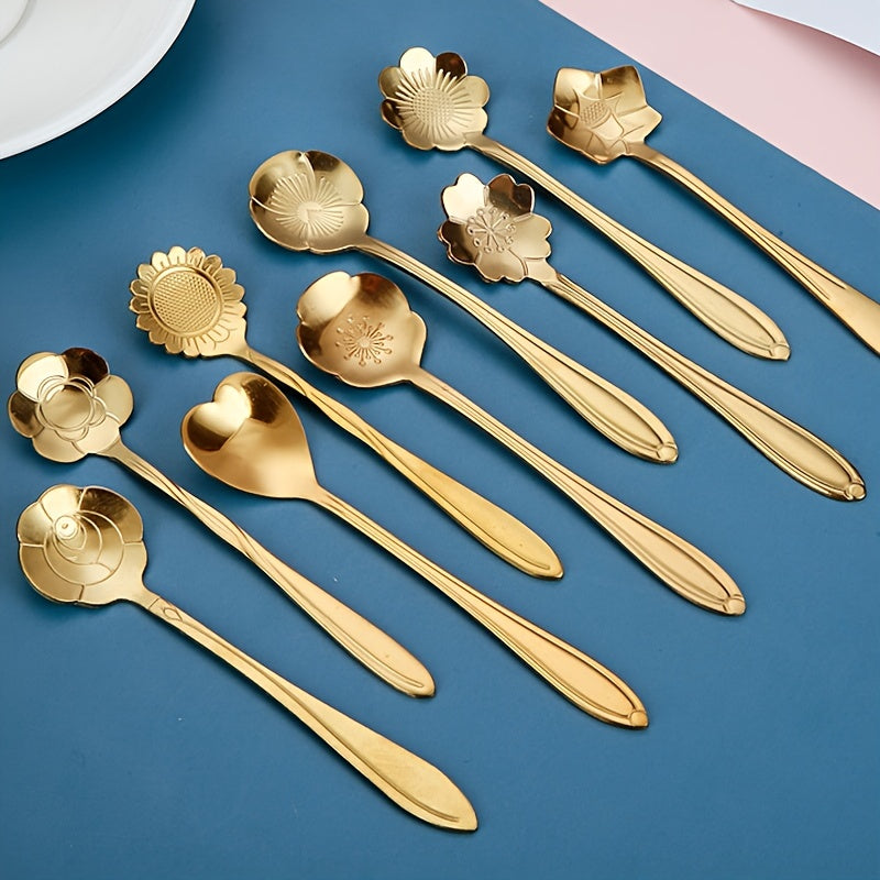 9pcs Stainless Steel Flower Coffee & Dessert Spoons, Rose Silver-Plated