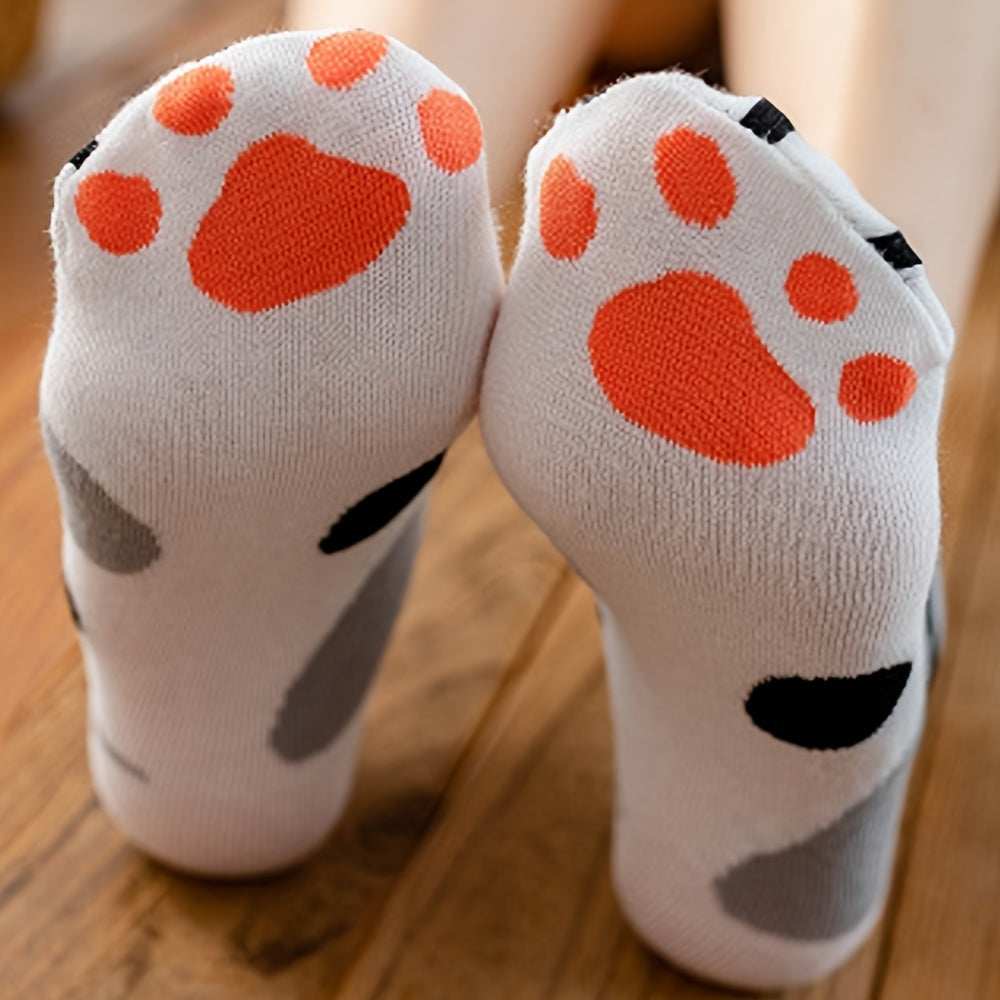 4 Pairs Women Ankle Socks Cat Paw Leopard Print Cotton Low Cut Short Socks