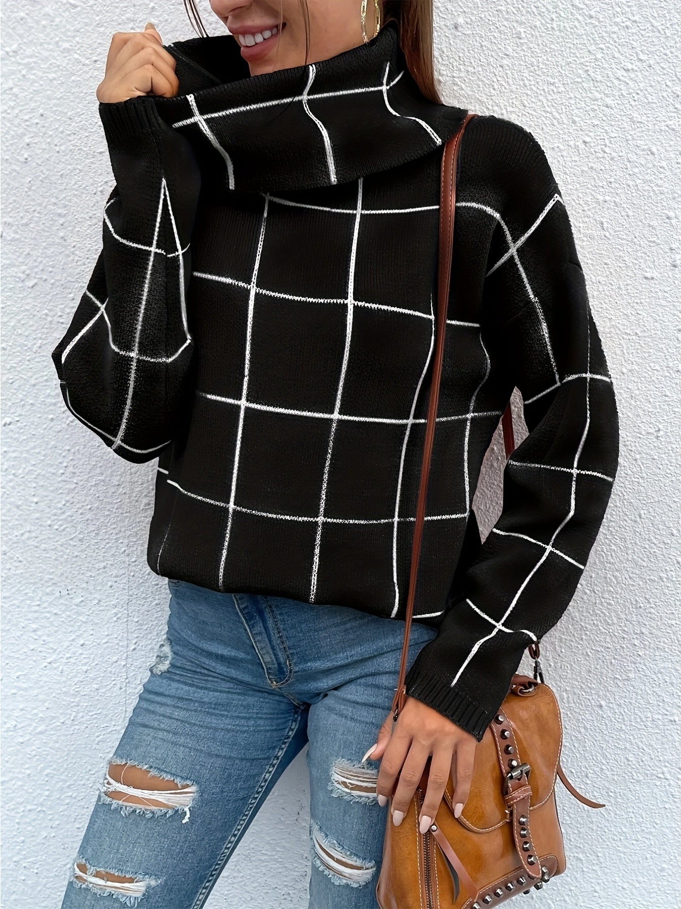 Plaid Print Turtle Neck Sweater for Women