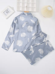 Satin Floral Print Pajama Set Long Sleeve Tops & Pants