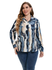 Marble Print Plus Size Shirt Women's Turn Down Collar Long Sleeve Blouse