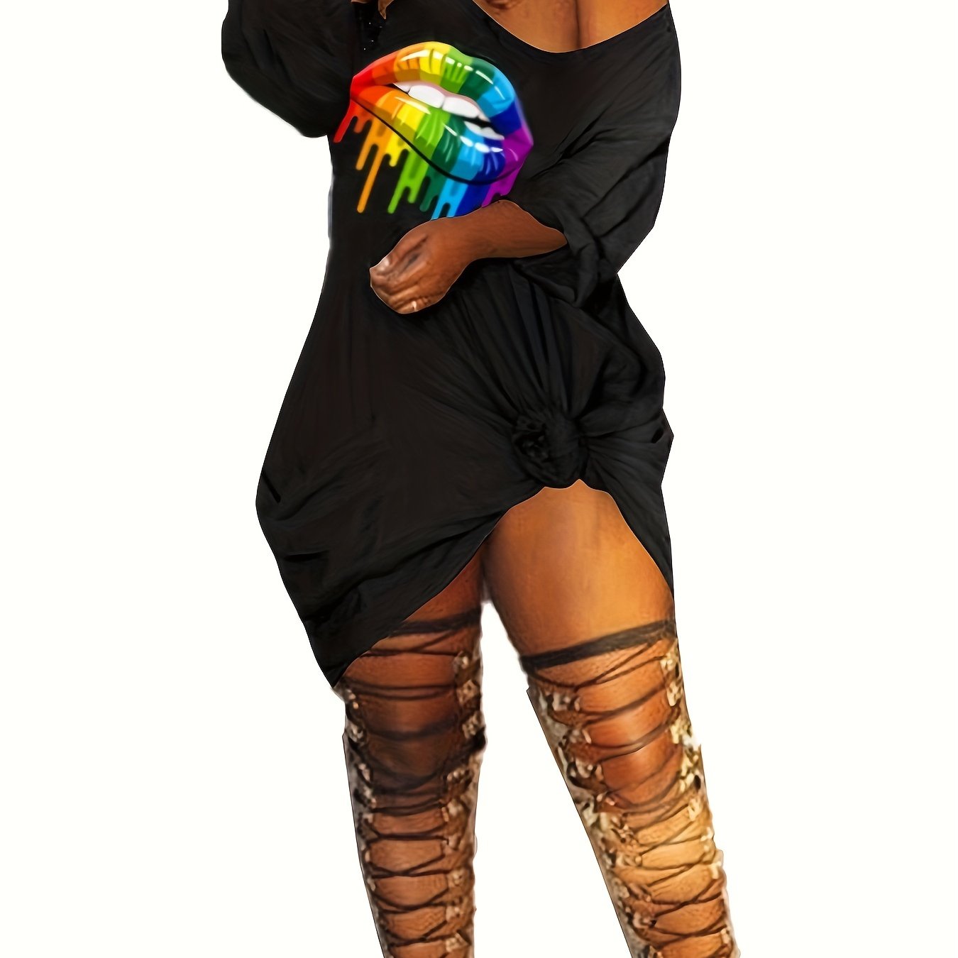 Sexy Rainbow Lip Print One Shoulder Tee