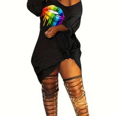 Sexy Rainbow Lip Print One Shoulder Tee