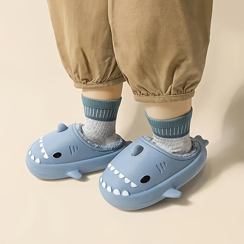 Boy's Shark Plush Lined Slippers, Non Slip Indoor Slides