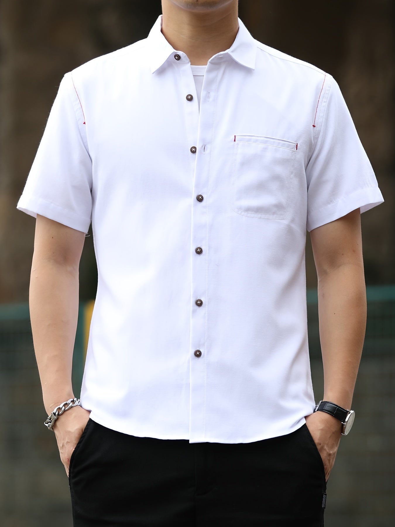 Men s Casual Cotton Shirt Vintage Style Short Sleeve Shirt With Chest Pocket