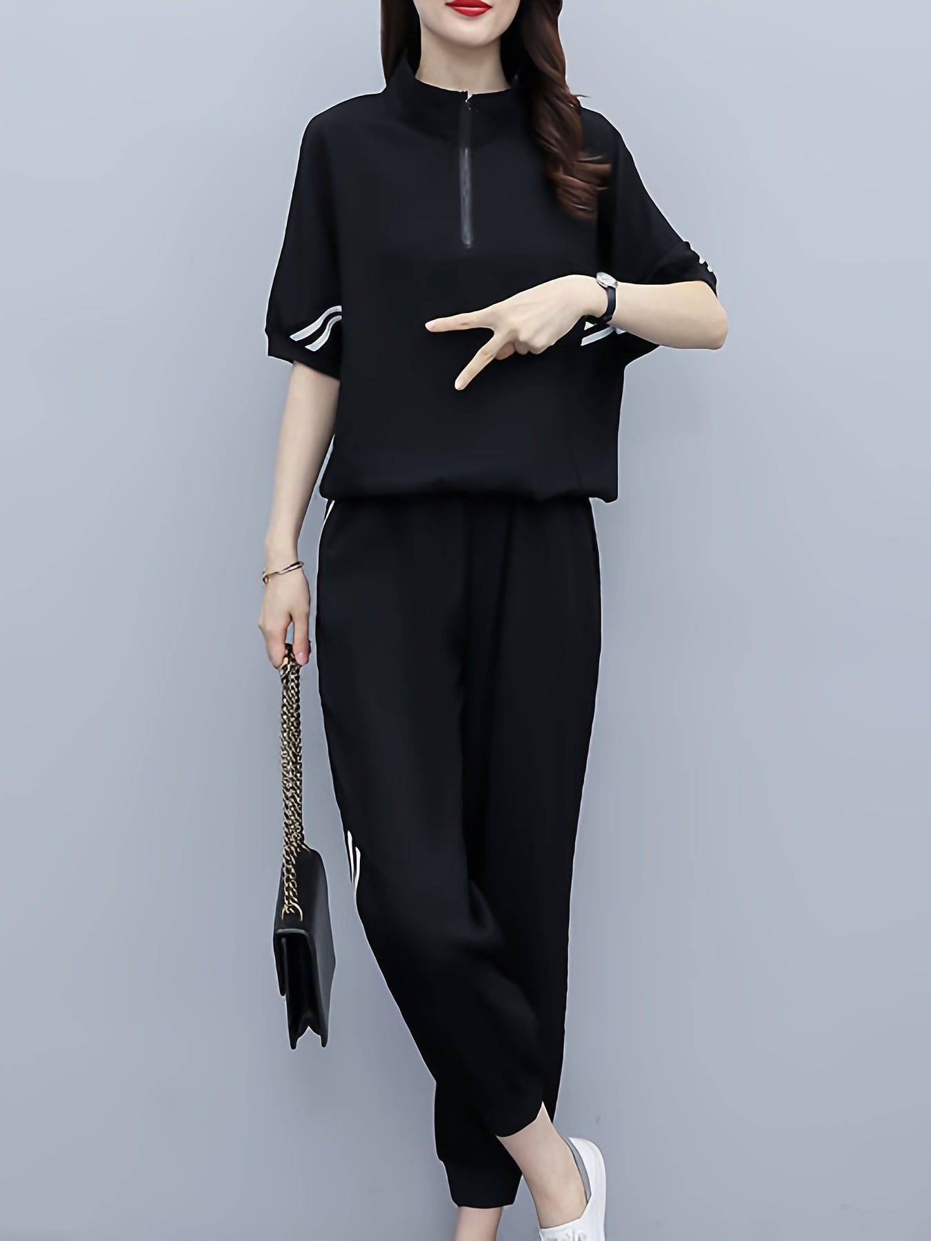 Striped Print Zipper Front T-shirt & High Waist Set