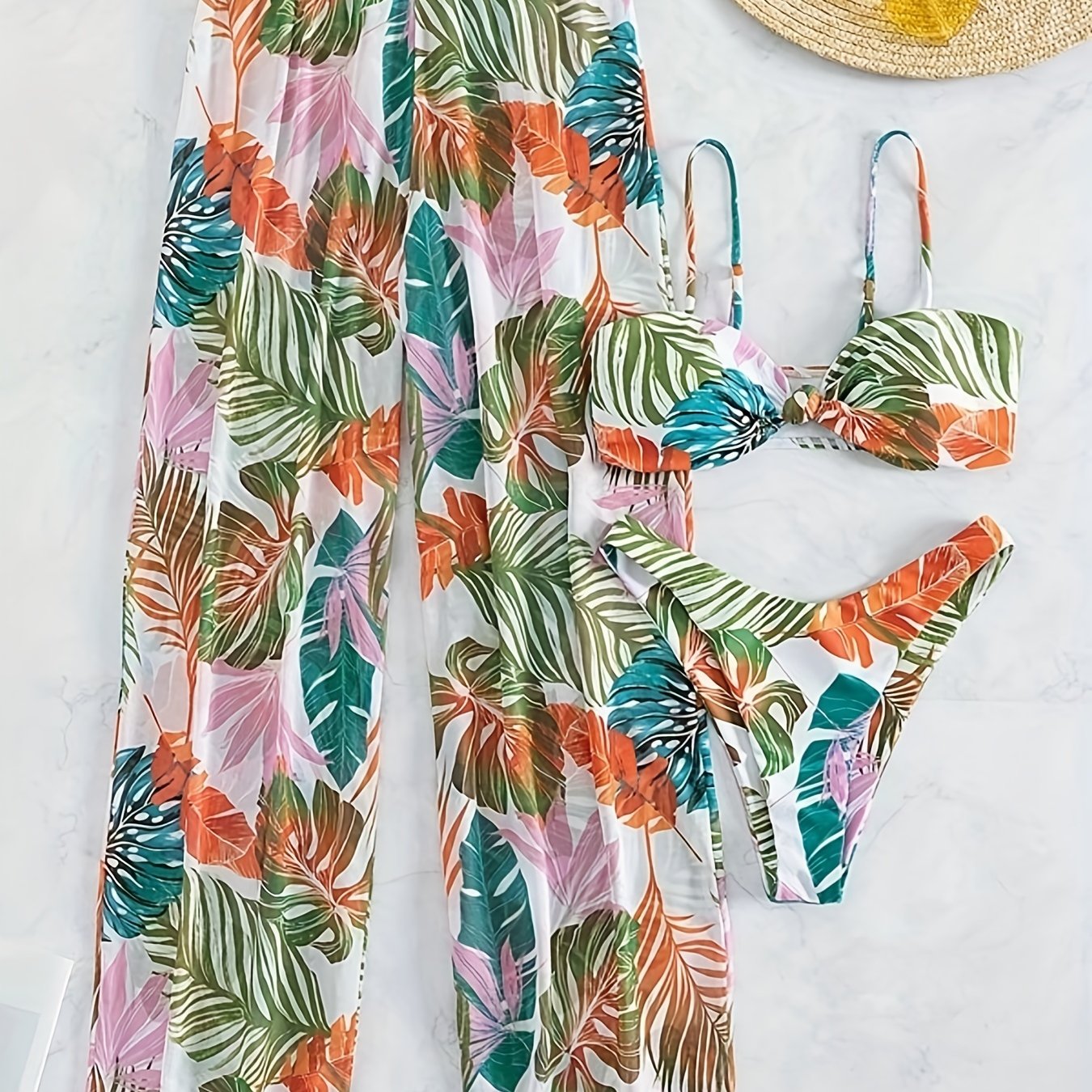 Leaf Print Spaghetti Strap 3 Piece Swimsuit & Cover Up Pants