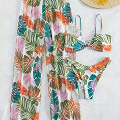 Leaf Print Spaghetti Strap 3 Piece Swimsuit & Cover Up Pants