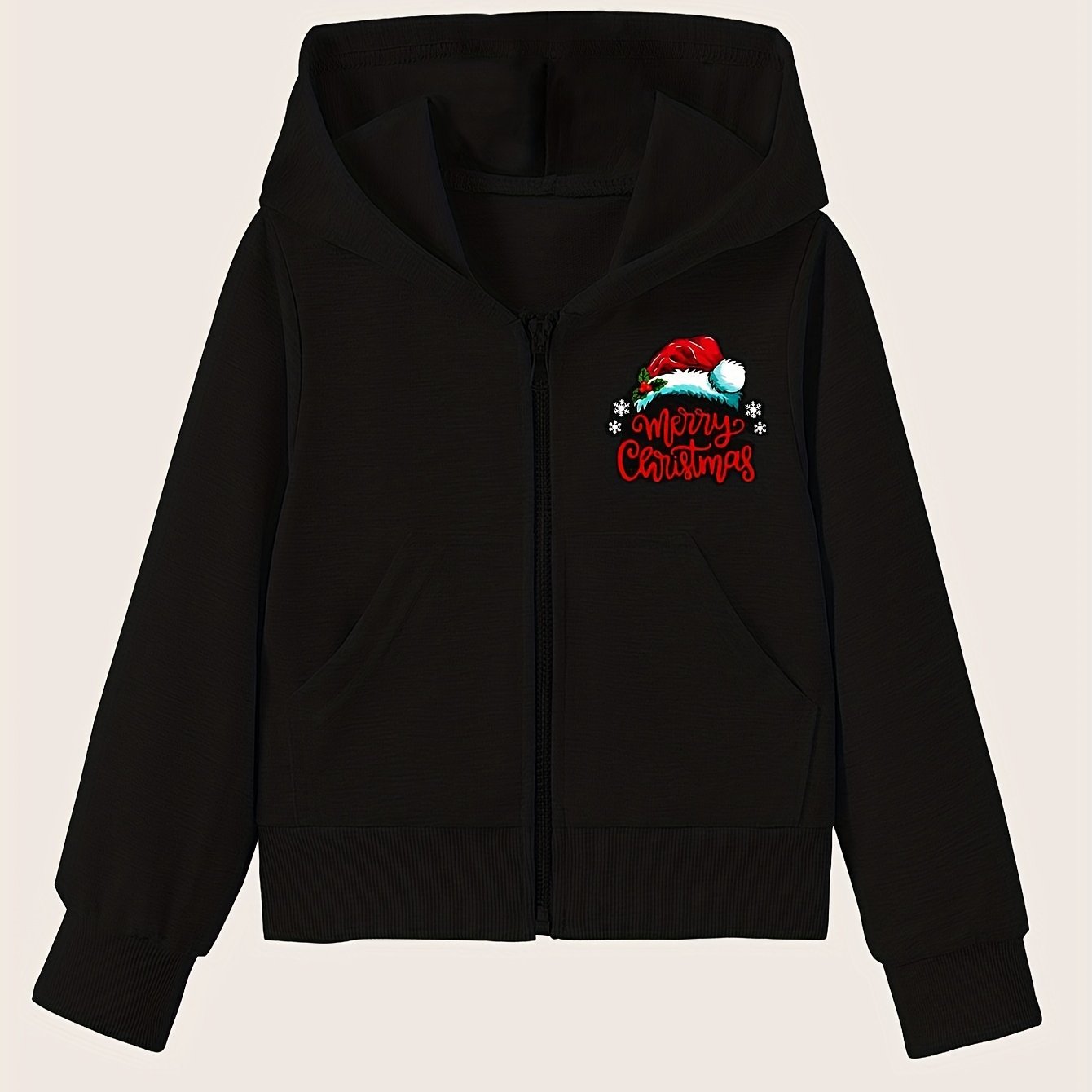 Girls' Christmas Hat Graphic Hoodie with Zipper and Pockets