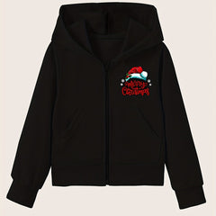 Girls' Christmas Hat Graphic Hoodie with Zipper and Pockets