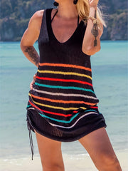Striped Knitted Mini Dress V Neck Drawstring Dress Women's Clothing