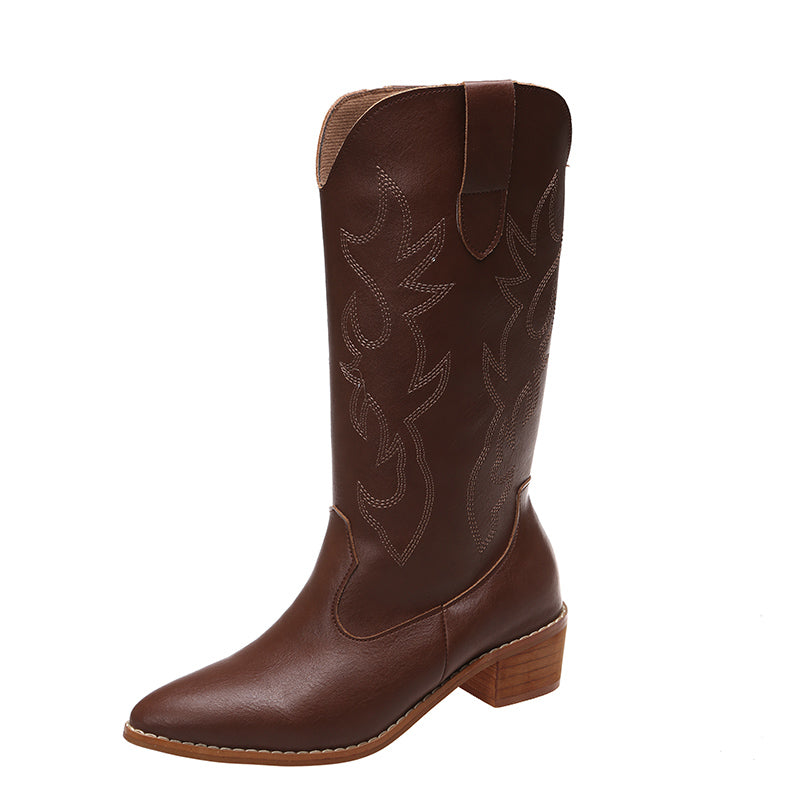 Women's Block Heel Mid Calf Boots Retro Embroidery Pointed Toe Cowgirl Boots