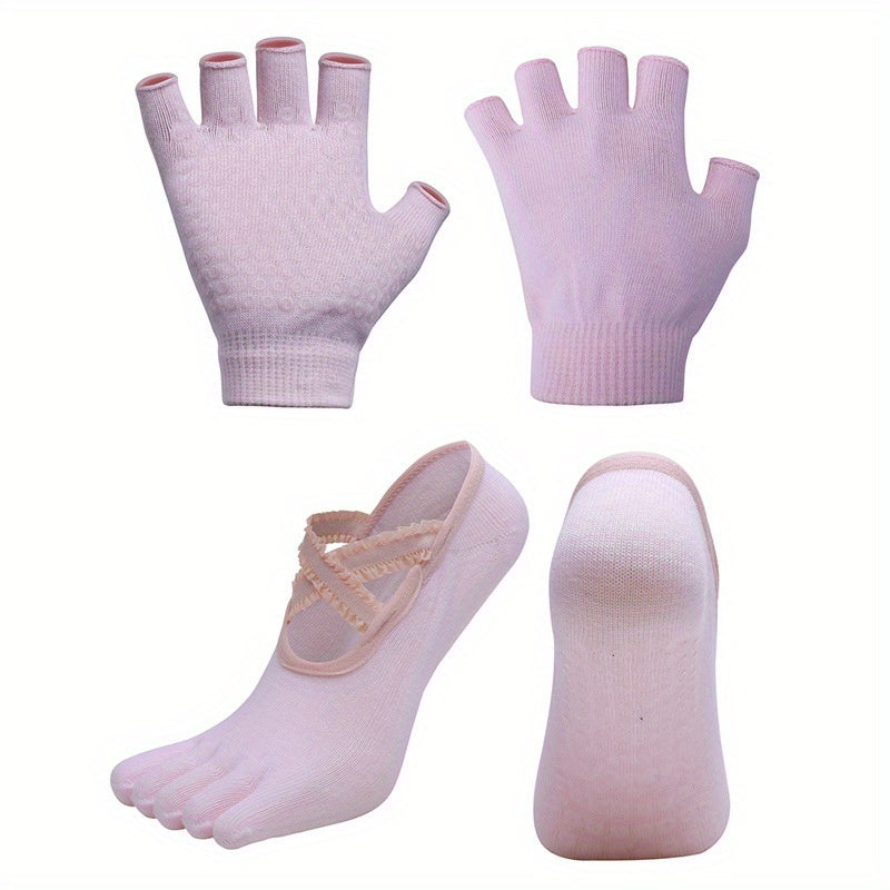 Non-Slip Gloves & Yoga Socks Set for Fitness Sports - Half Finger Gloves & Cross