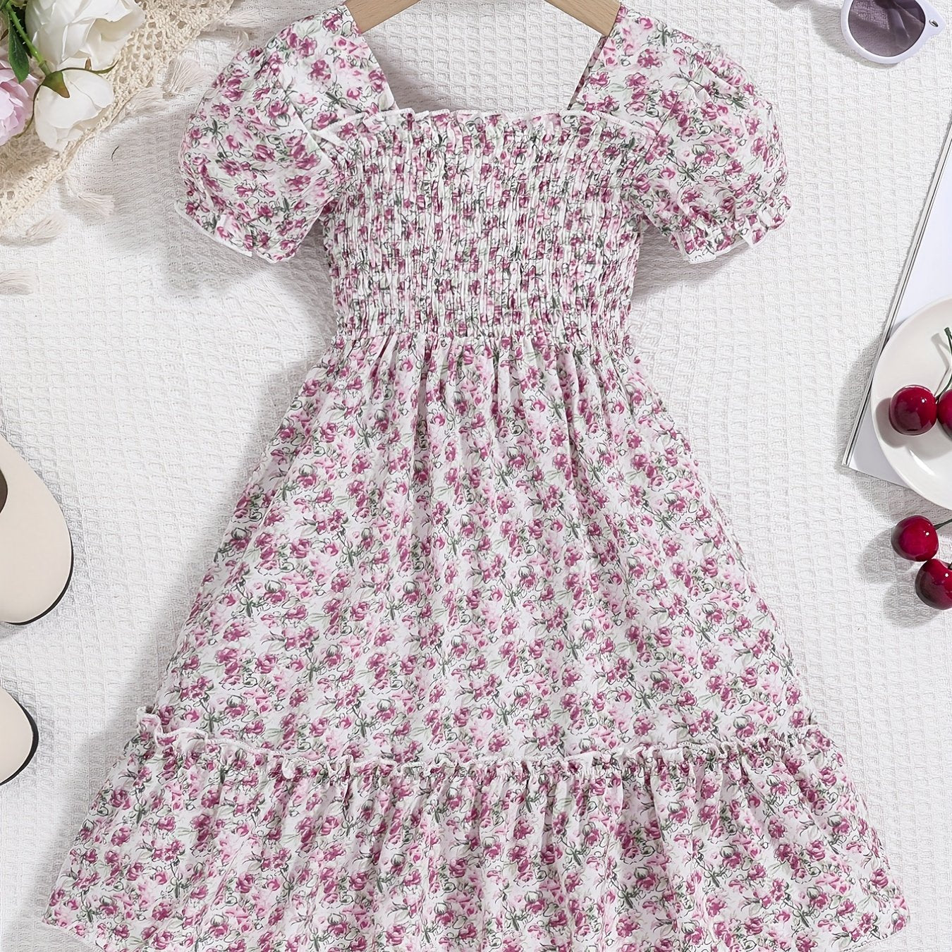 Girls Boho Floral Shirred Casual Dress Comfy Square Neck Kids Summer Dress