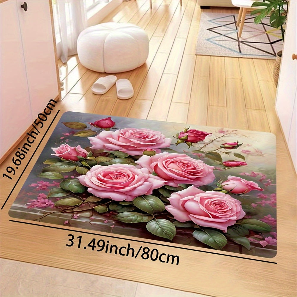 Pink Rose Print Area Rug Machine Washable Mat for Home Decor