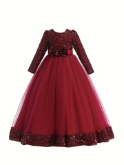 Girls' Sequin Evening Dress Long Sleeve Puff Skirt Tulle Party Ball Gown