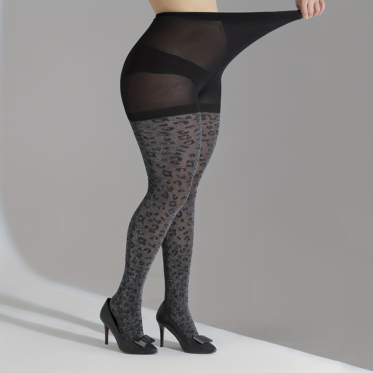 Plus Size Shimmer Leopard Print High Rise Pantyhose