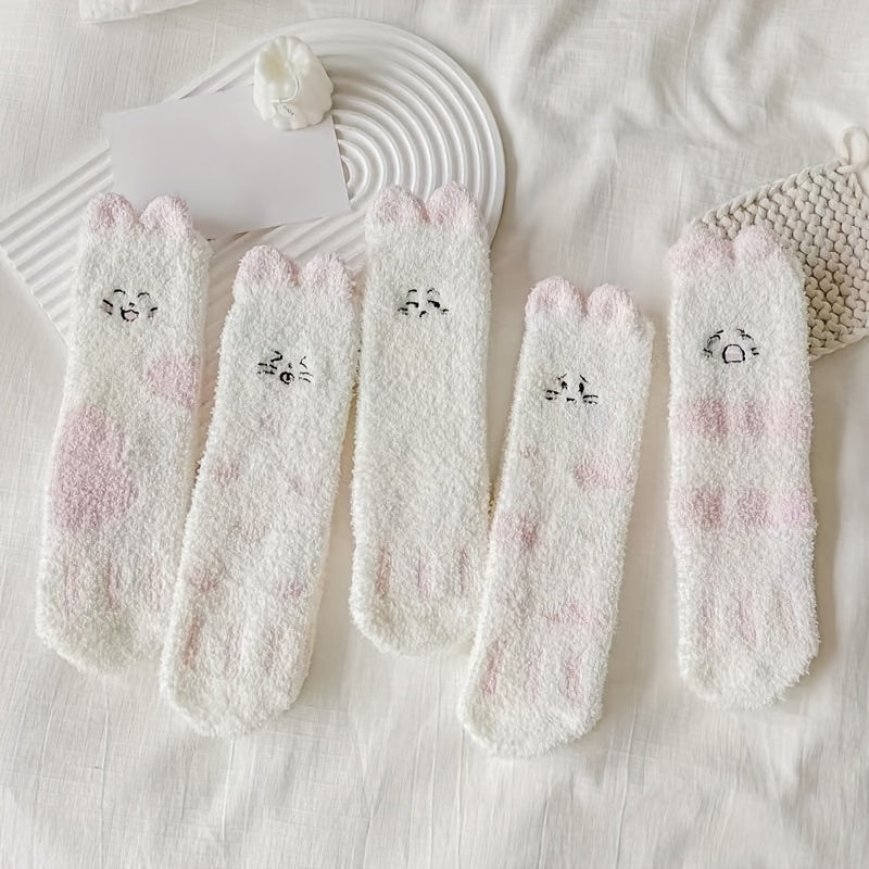 5 Pairs Cartoon Embroidered Fuzzy Socks Women's Stockings