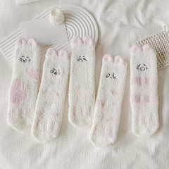 5 Pairs Cartoon Embroidered Fuzzy Socks Women's Stockings