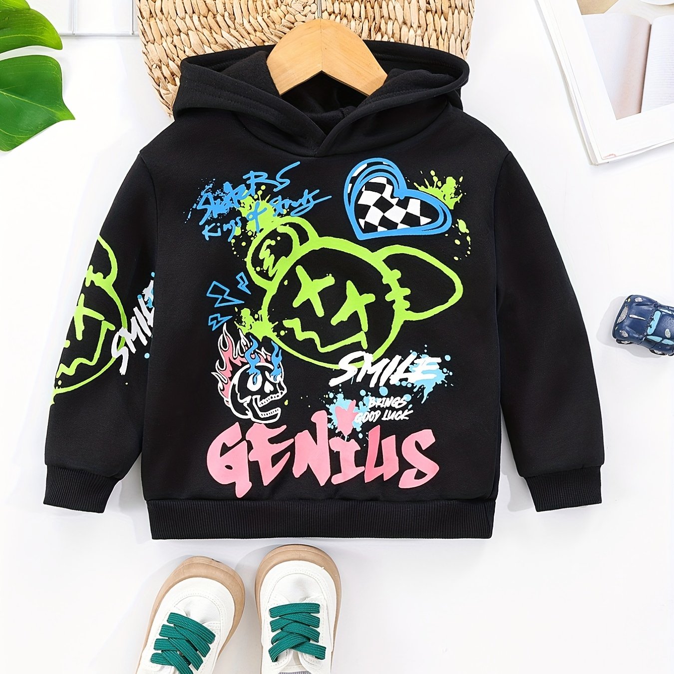 Letter And Bear Print Boys Hooded Sweatshirt For Spring Fall