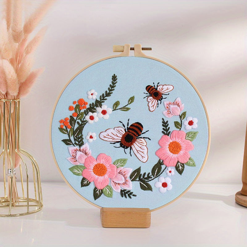 Honeybee Flower Starter Embroidery Kit with Hoop, Needles, Threads, Instructions