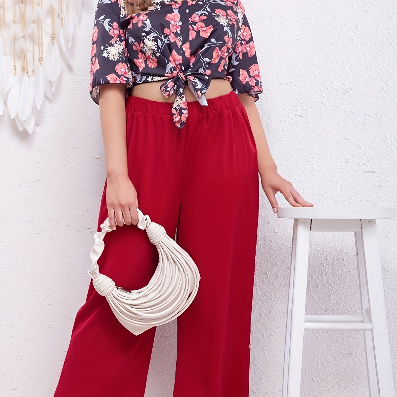Floral Print Butterfly Sleeve V Neck Crop Top & Wide Leg Pants Two Piece Set