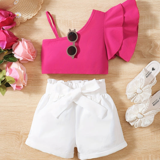 Girls Ruffled One Shoulder Top & Shorts Set for Holiday Party