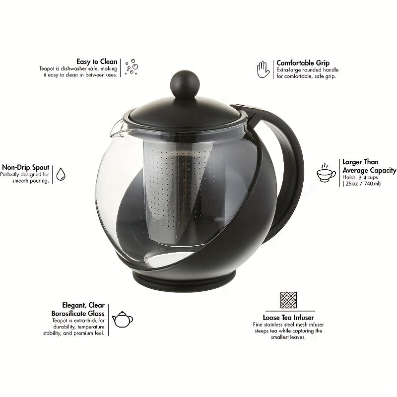 Glass Teapot Half Moon 1250ml Tea Maker Removable Filter Infuser Dishwasher Safe