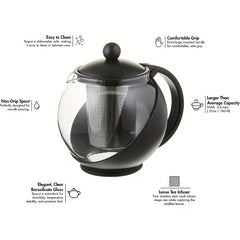Glass Teapot Half Moon 1250ml Tea Maker Removable Filter Infuser Dishwasher Safe