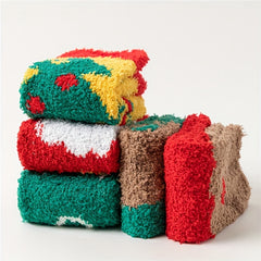 5 Pairs Cartoon Print Fuzzy Socks Warm Christmas Mid Tube Women's Stockings