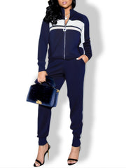 Casual Contrast Pantsuits Set Long Sleeve Zipper Sweatshirt & Loose Pants