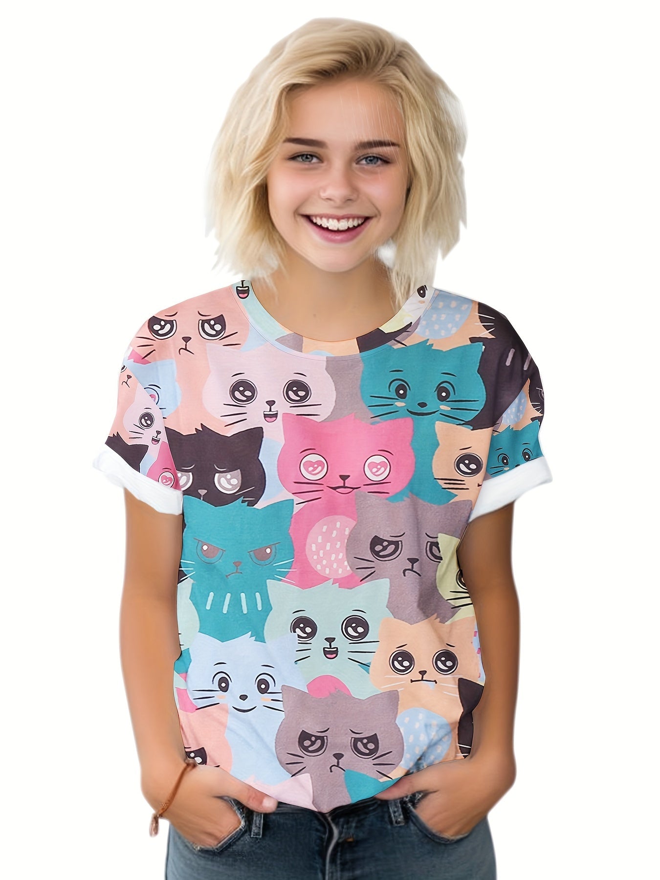 Adorable Kitten Graphic Short Sleeve T-shirt for Girls and Boys