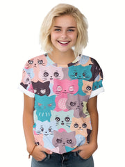 Adorable Kitten Graphic Short Sleeve T-shirt for Girls and Boys
