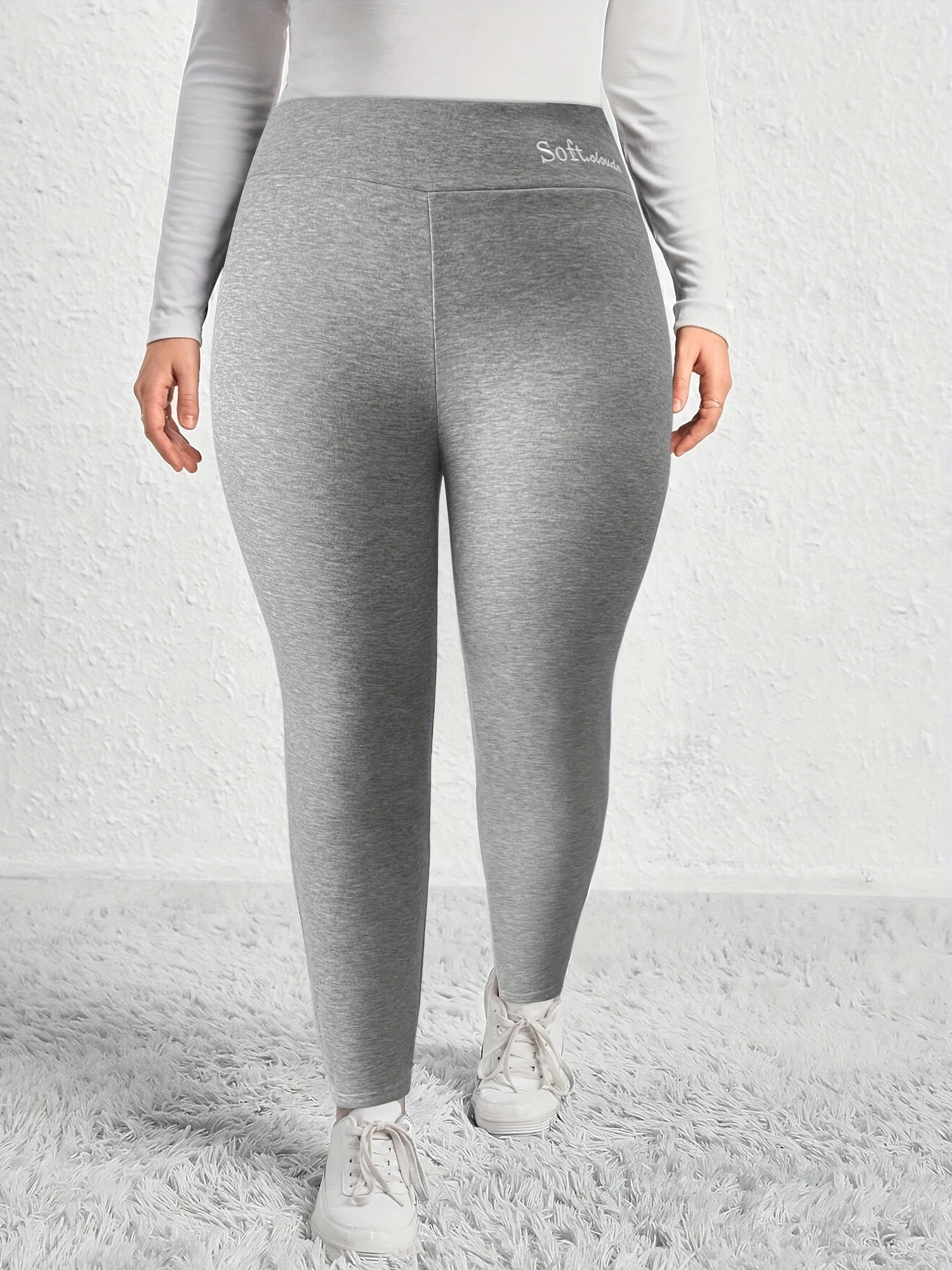Casual Leggings Women's Plus Letter Print Liner Fleece High Rise