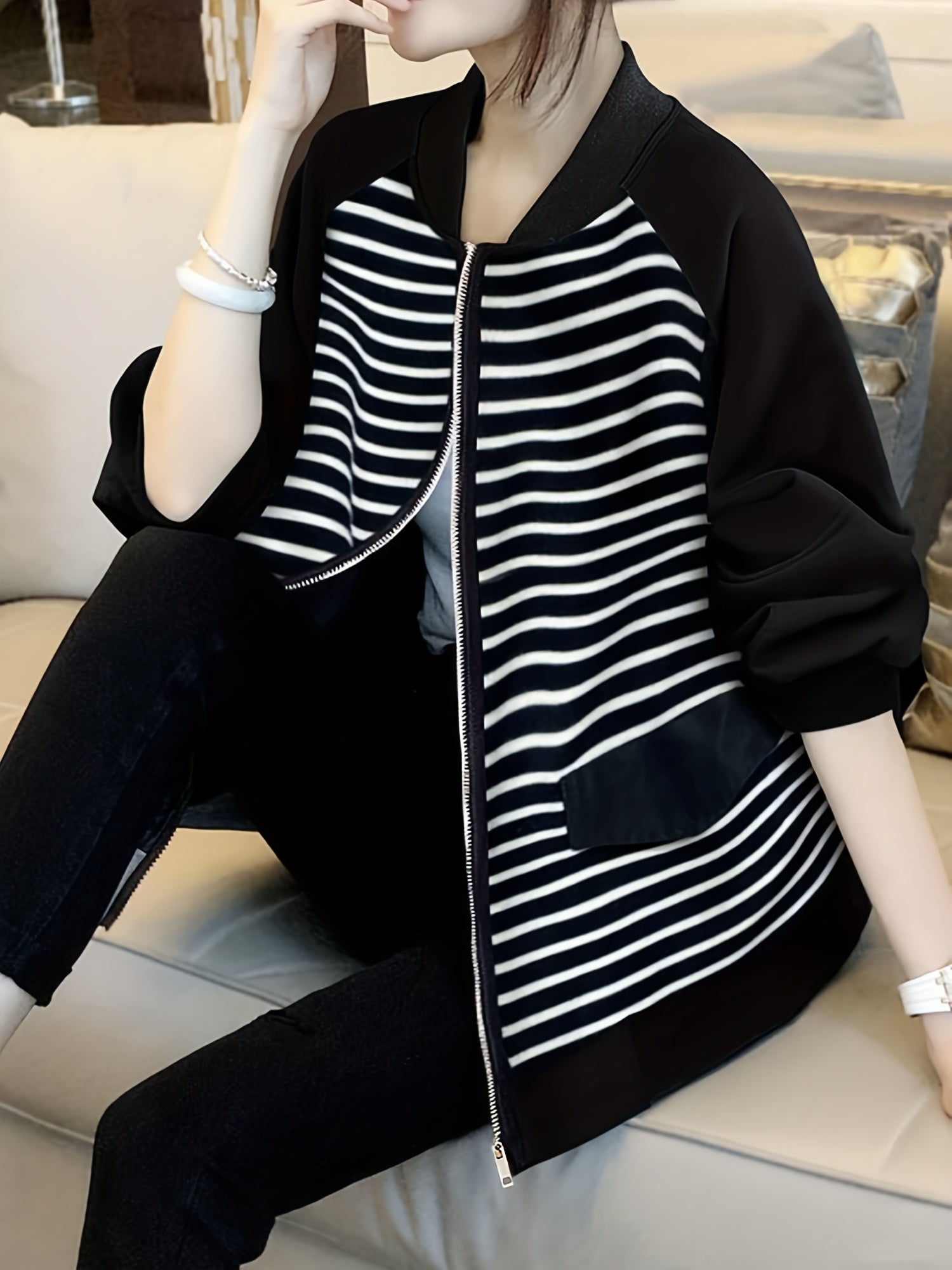 Striped Zip Up Jacket Casual Long Sleeve Jacket Women's Clothing