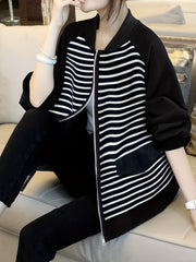 Striped Zip Up Jacket Casual Long Sleeve Jacket Women's Clothing