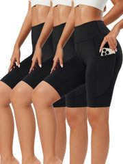 3Pcs Solid Sports Shorts High Waist Tummy Control Slim Fit With Pocket