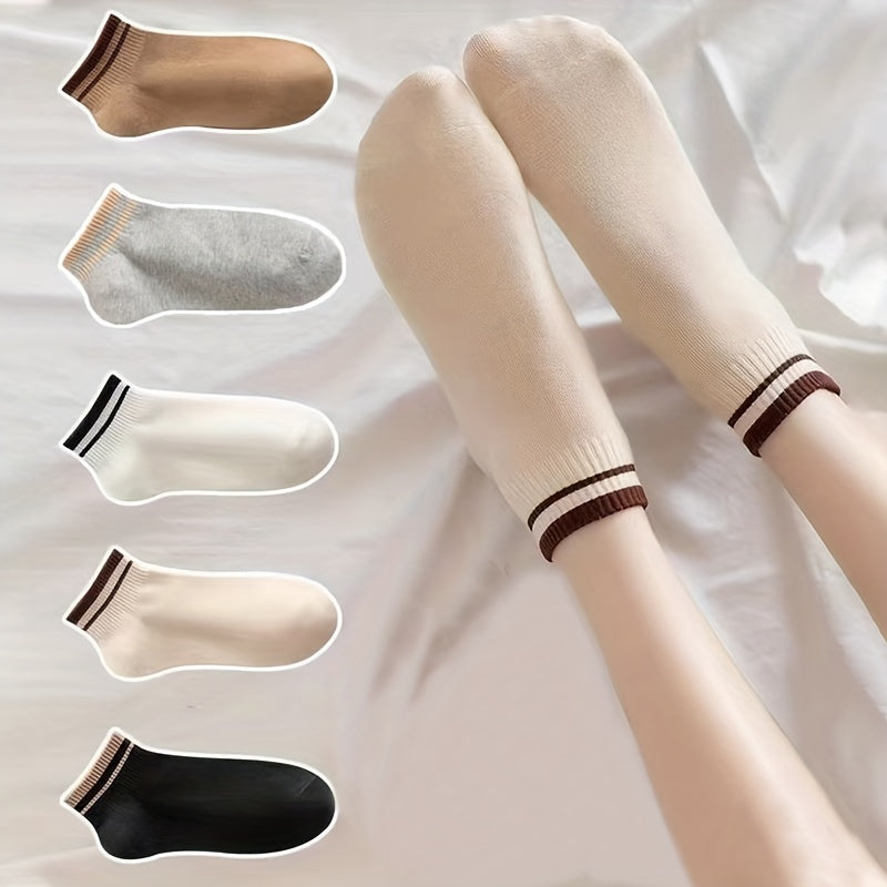 5 Pairs Striped Trim Short Sports Socks Women's Stockings