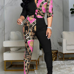 Casual Contrast Print Two piece Set Long Sleeve Shirt & High Waist Pants