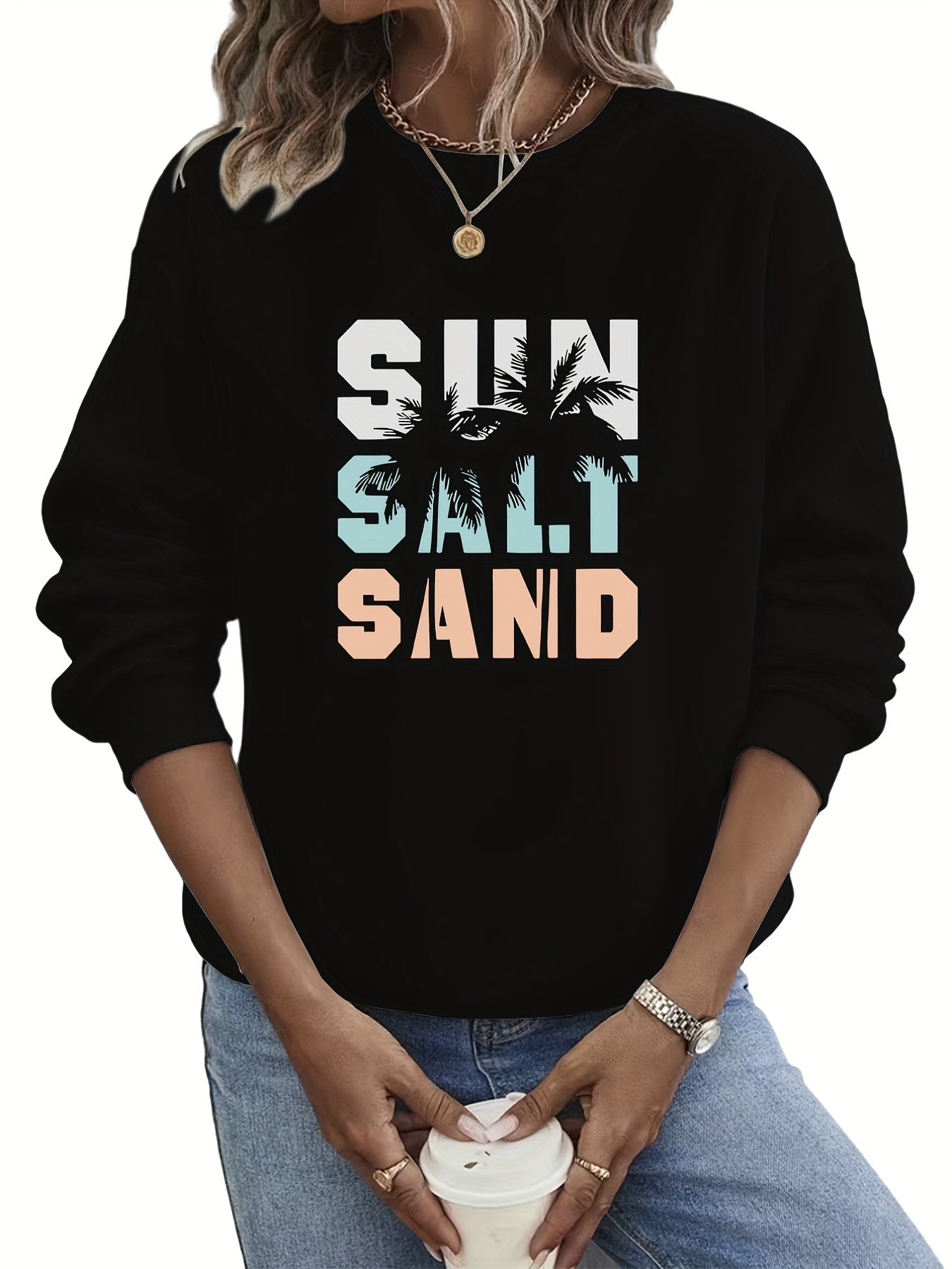 Coconut Tree & Letter Print Sweatshirt for Women