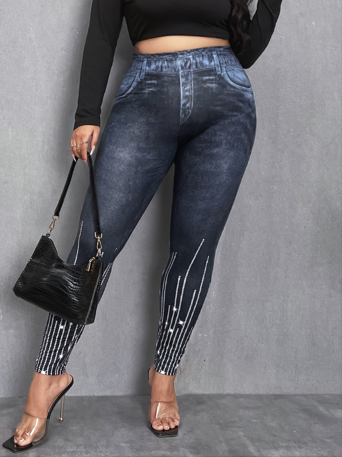 3D Denim Rhinestone Print High Rise Leggings Plus Size